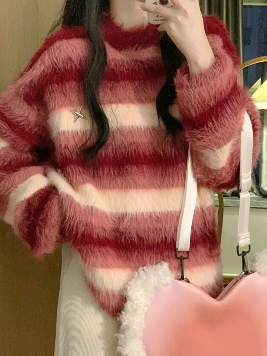 高級感紅色條紋毛衣女秋冬新款寬鬆慵懶學院風貂絨針織衫上衣