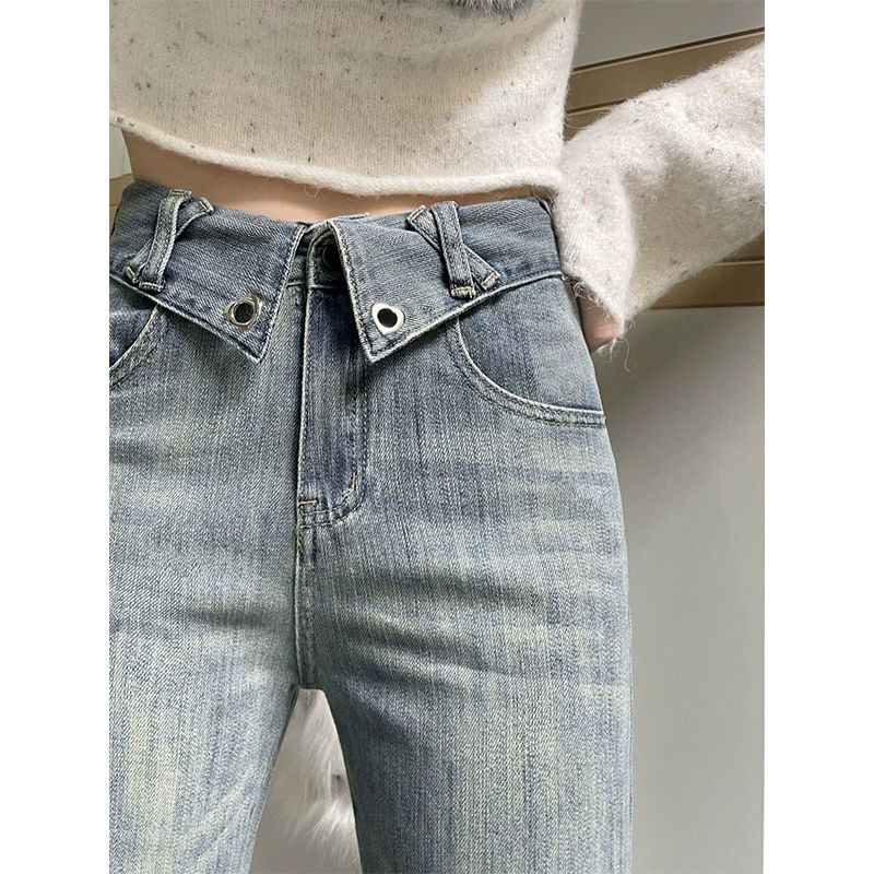 設計感復古高腰微喇叭牛仔褲女秋冬新款顯瘦百搭水洗小個子馬蹄褲