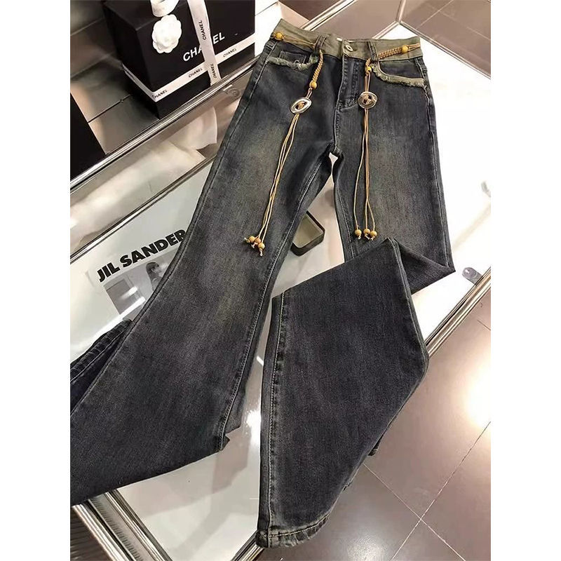 Fashionable retro design high-waisted bootcut jeans for women, slim and versatile, slim fit, long flared pants, trendy