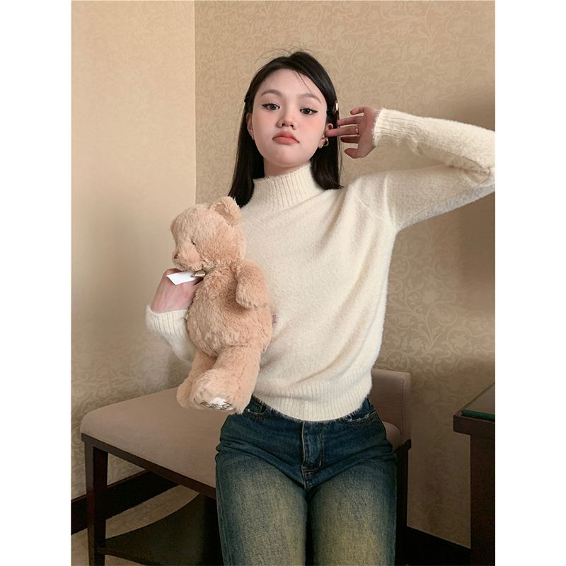 仿貂絨打底針織衫女秋季韓版2023新款半高領修身顯瘦軟糯長袖上衣