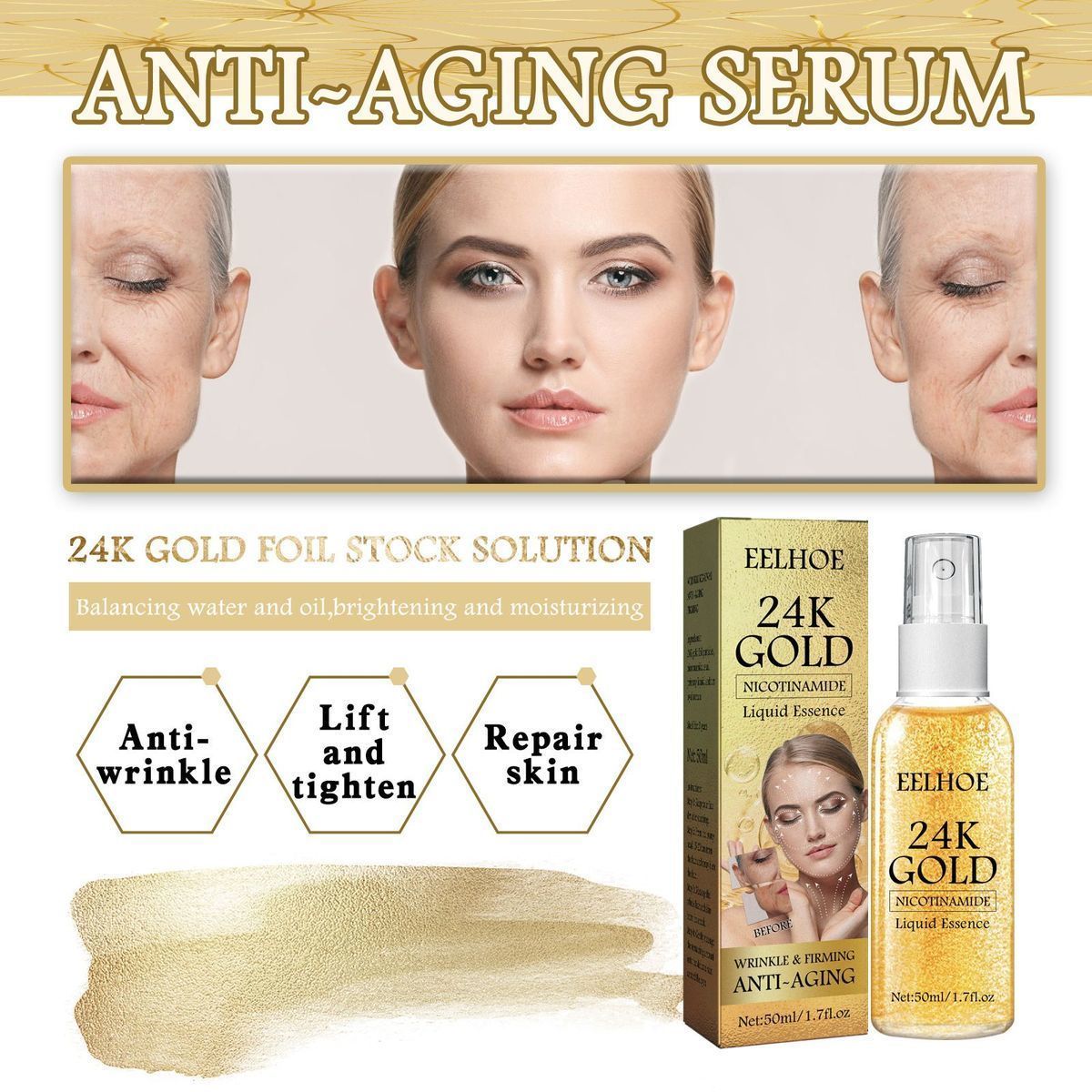2023 new gold foil anti wrinkle spray reduces fine lines, moisturizes lifts skin and tightens essence_voghion.com