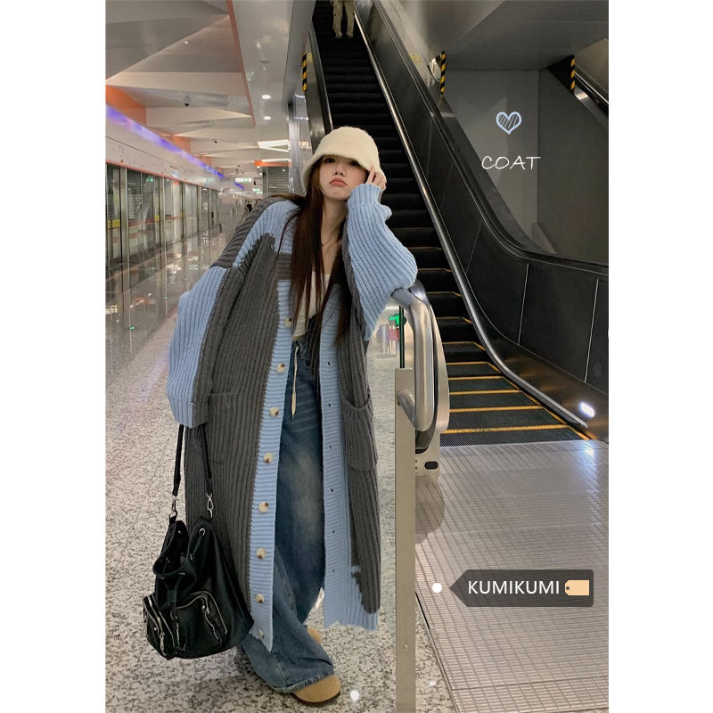 新款設計感拼色毛衣外套女裝秋季長款過膝寬鬆慵懶風針織開衫