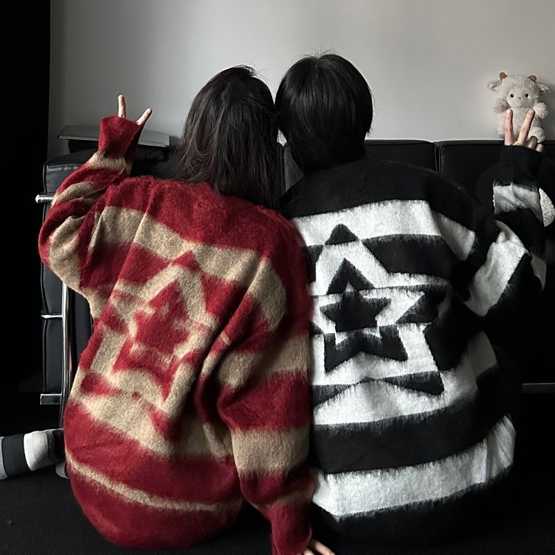 潮牌復古條紋毛衣男秋冬寬鬆休閒慵懶風線衣美式圓領針織衫情侶裝