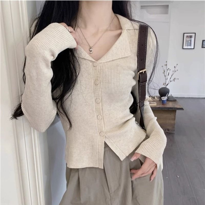 Temperament slim fit Polo lapel knitted cardigan for women in autumn and winter chic V-neck sweater bottoming shirt with long-sleeved top