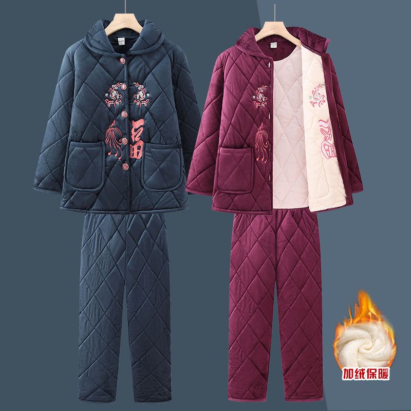老年人加絨睡衣套裝女媽媽家居服法蘭絨奶奶棉襖老太太冬裝兩件套