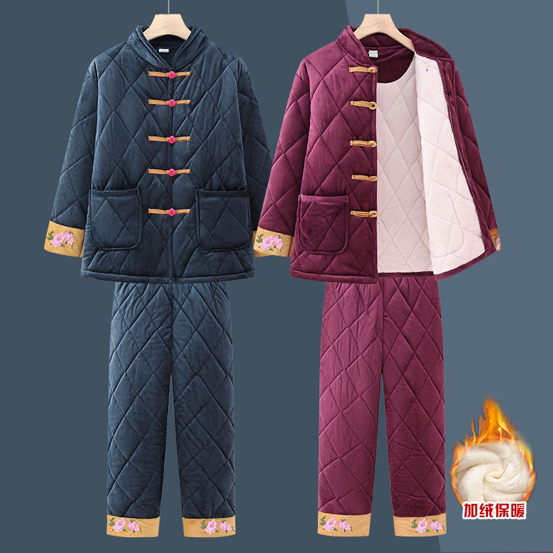 老太太冬天家居服套裝加絨加厚媽媽棉襖兩件套奶奶裝老年人睡衣女