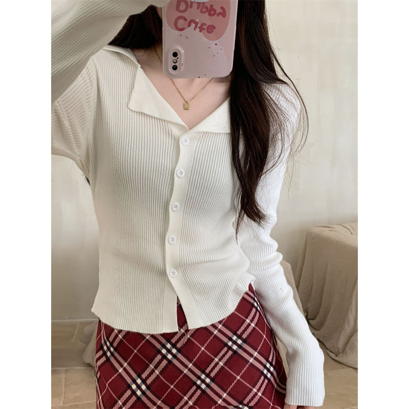 Autumn and winter 2023 new soft waxy lapel knitted women's long-sleeved slim versatile thin sweater base cardigan