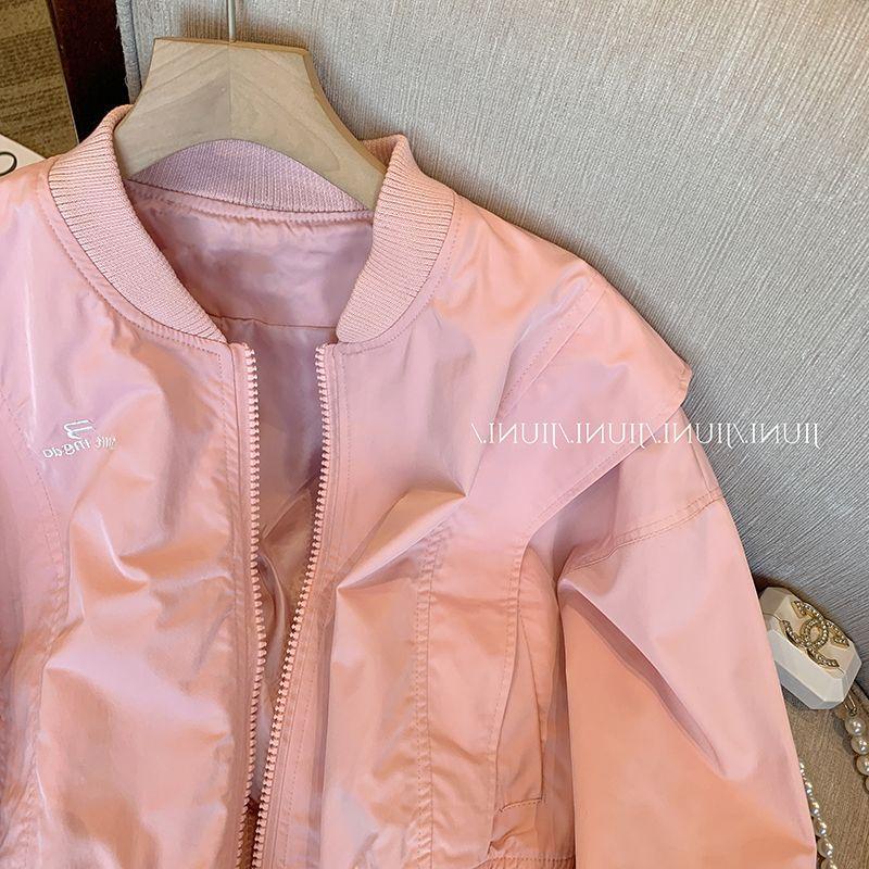 Niche design pink baseball uniform jacket for women spring and autumn Korean style temperament age-reducing loose casual jacket top