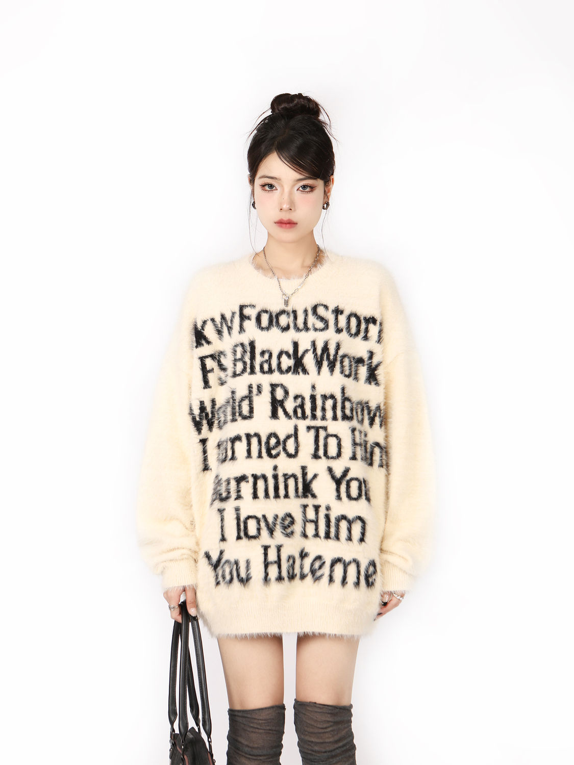 Mink velvet sweater for women loose autumn and winter lazy style letters soft waxy mohair couple wear American casual jacket trend