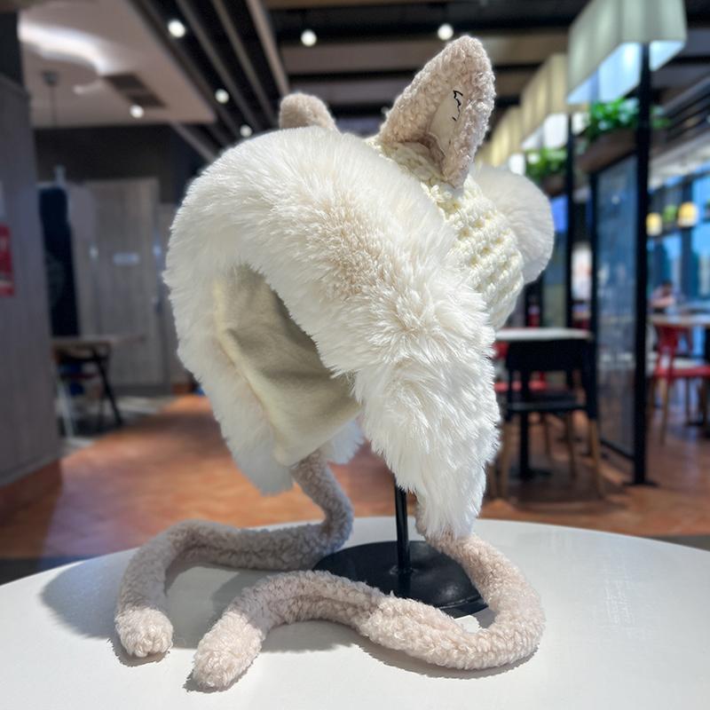 Sweet and cute ear knitted hat for women in winter thickened and velvet warm Lei Feng hat Korean style strapped ear protection plush hat