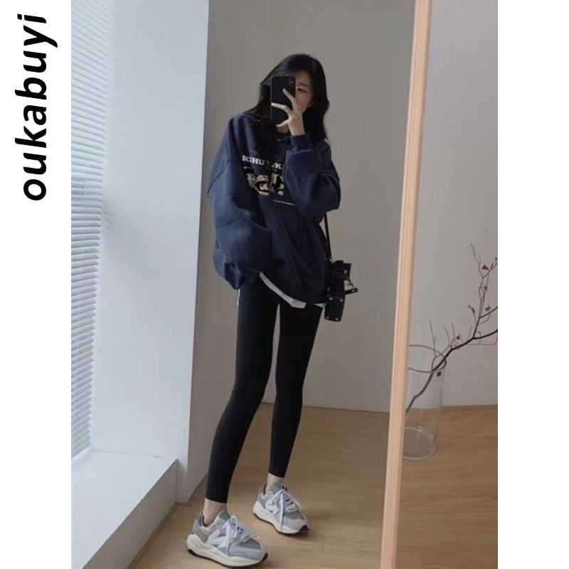 OUKABUYI100%純棉圓領衛衣女秋冬日系美拉德精美印花寬鬆上衣潮