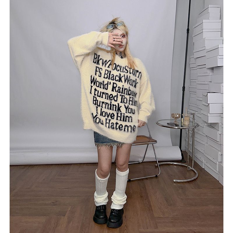 migu letter mink sweater Japanese style lazy retro loose oversize men and women autumn and winter Maillard wear
