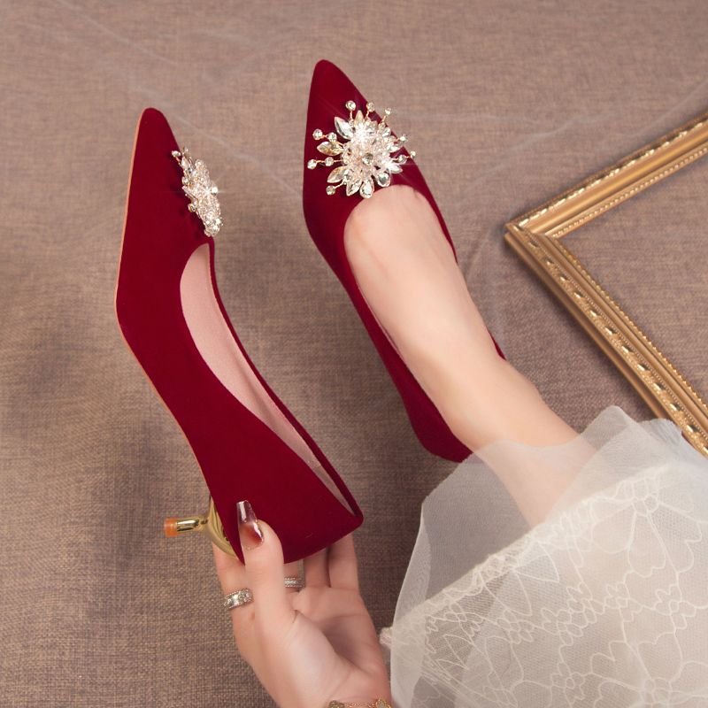 婚鞋女新娘鞋不累脚结婚鞋中式禾秀婚纱两穿红色高跟鞋小众高级感