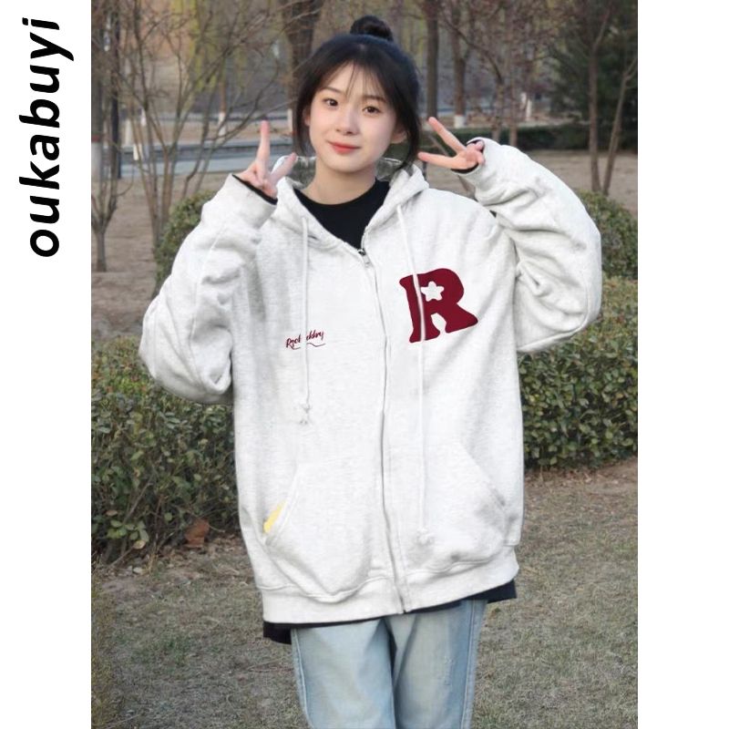 OUKABUYI100%純棉字母R印花冬季連帽女學院寬鬆加絨oversize外套