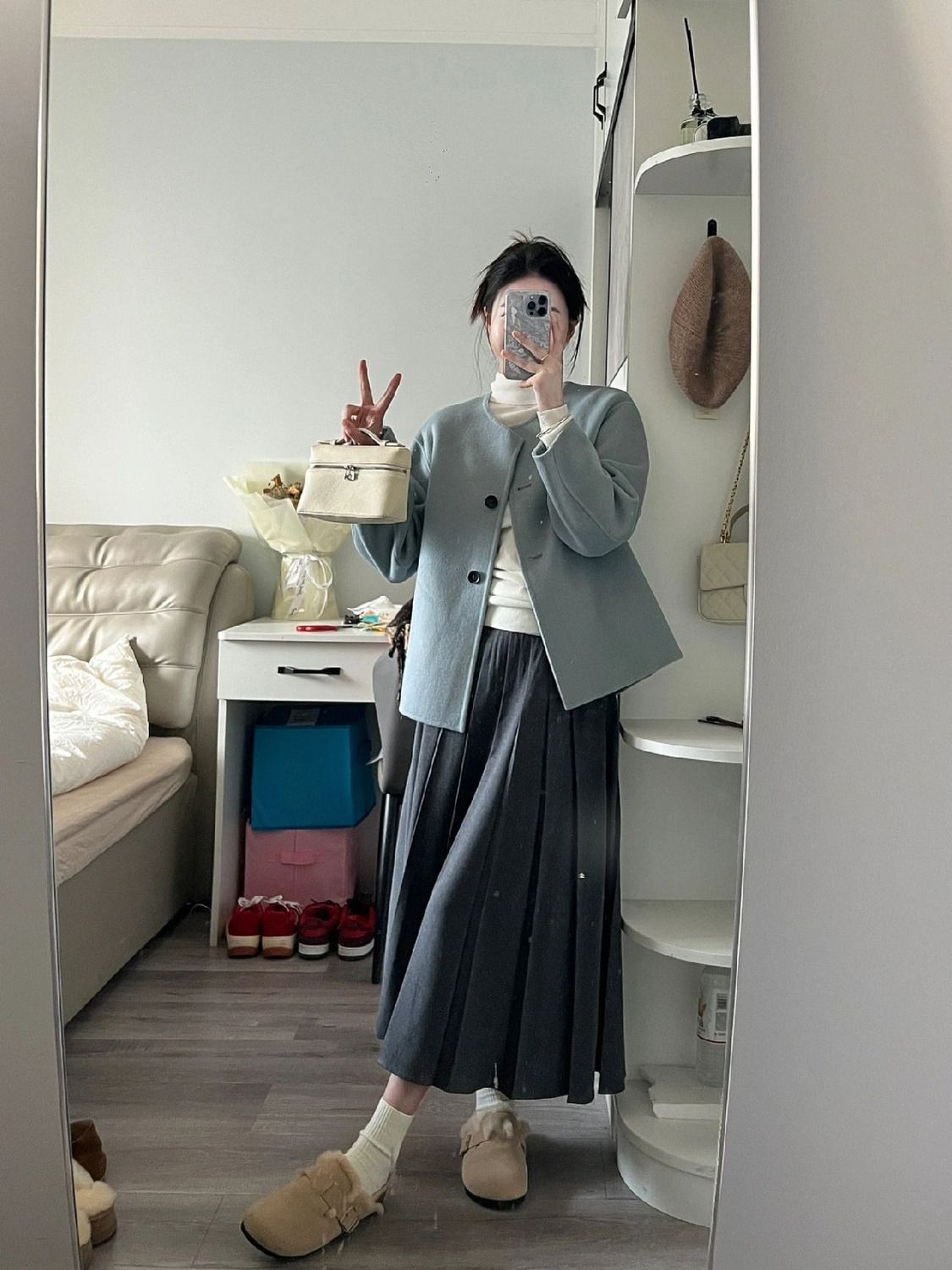 Autumn suit for women 2023 new Korean style high-end small fragrance covering the flesh blue jacket and skirt two-piece suit