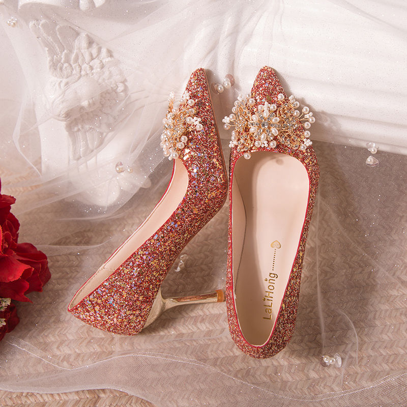 秀禾服婚鞋女2023秋新款女鞋高级女士结婚细高跟新娘鞋红色高跟鞋