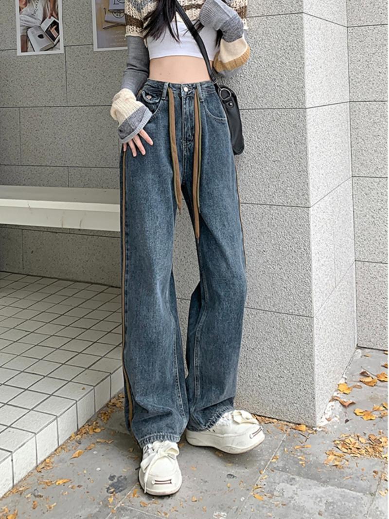辣妹牛仔裤女秋季韩版新款设计感小众高腰显瘦抽绳阔腿拖地裤