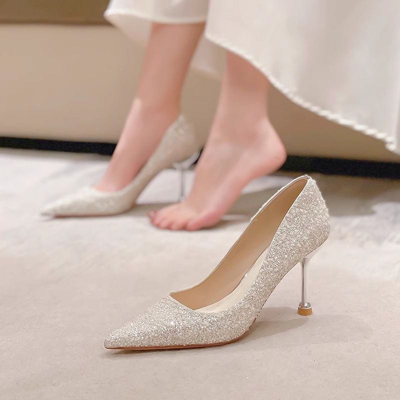 简约婚鞋女婚纱新娘鞋2023年新款气质高跟鞋女细跟伴娘鞋日常可穿