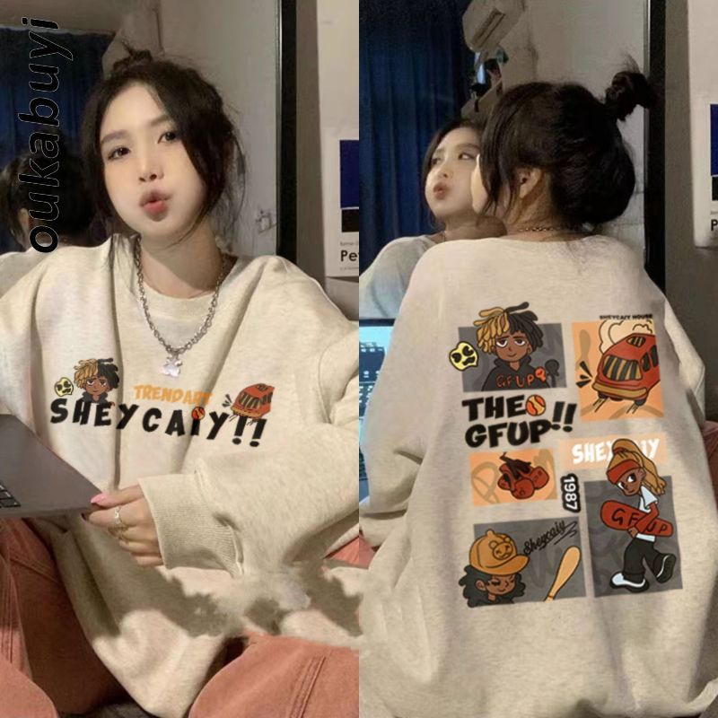 OUKABUYI100%純棉歐美潮流圓領衛衣女秋冬街頭設計感小眾上衣潮