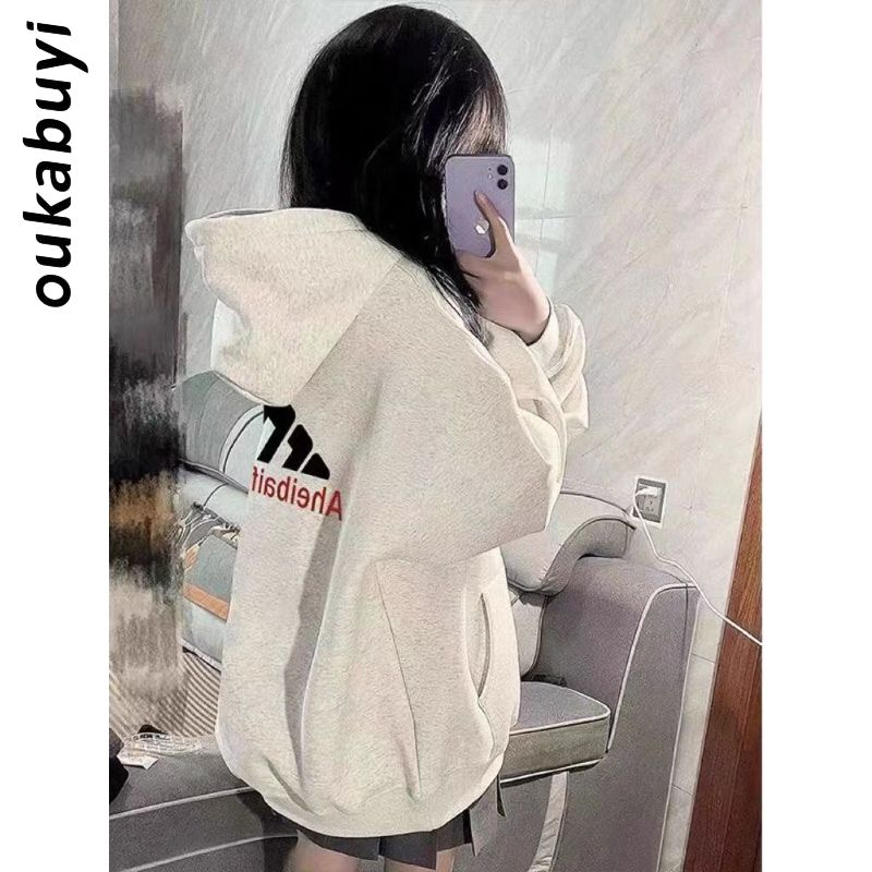 OUKABUYI100%純棉前後字母圖案印花連帽女學院風寬鬆oversize衛衣