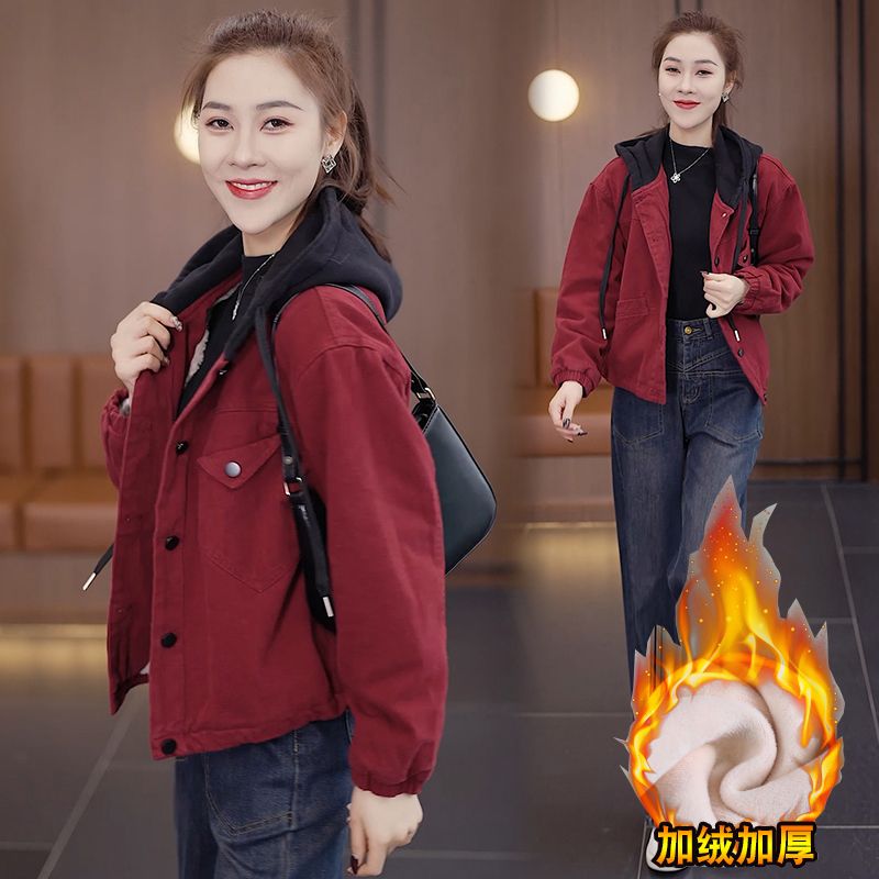 秋冬2023新款加絨派克服女韓版加厚保暖連帽短外套寬鬆休閒小個子