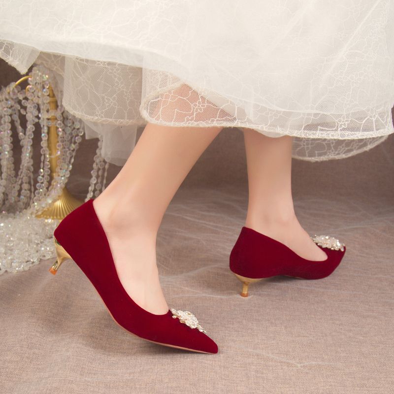 主婚纱婚鞋新娘鞋红色高跟鞋不累脚少女水钻单鞋新娘结婚两穿婚纱