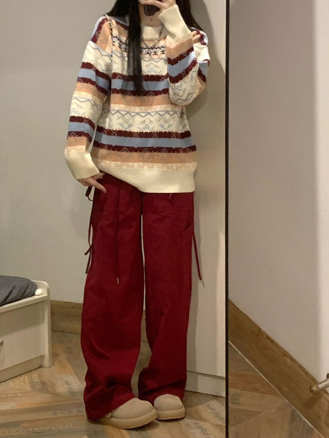 Plus size women's autumn suit women's  new college style color block striped sweater red overalls two-piece set