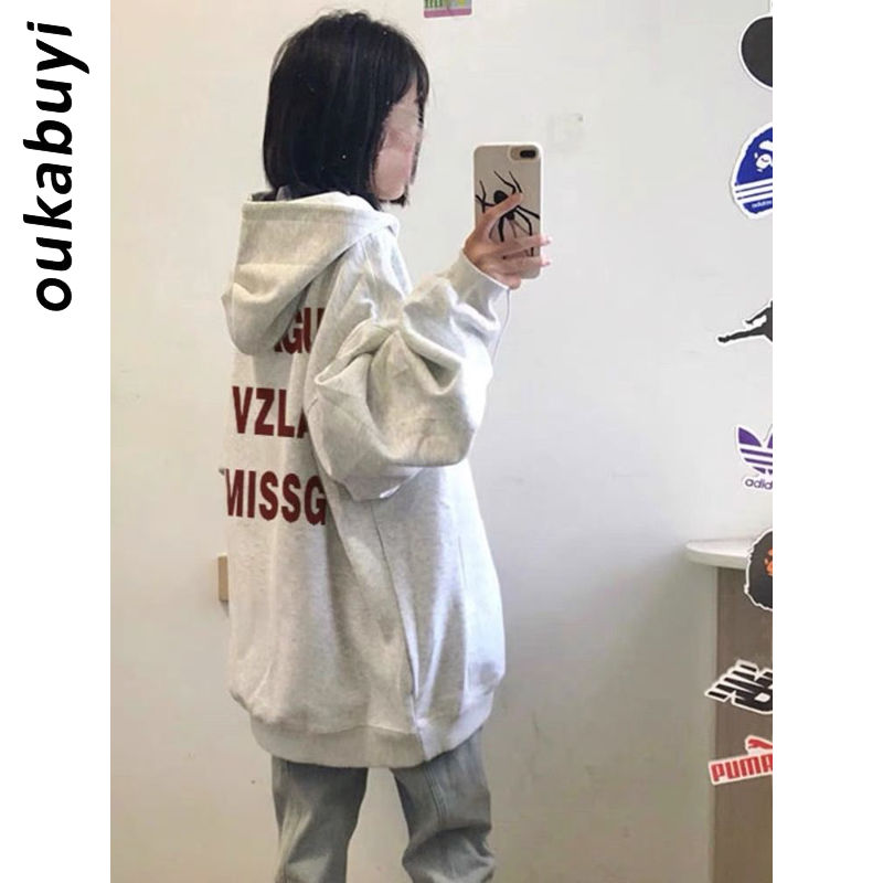 OUKABUYI100%純棉前後QXJ字母印花連帽女學院風寬鬆oversize衛衣