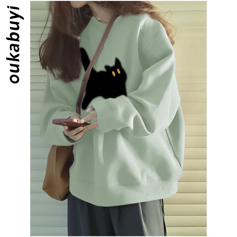 OUKABUYI100%純棉圓領衛衣女淺綠色秋冬加絨加厚多巴胺寬鬆上衣