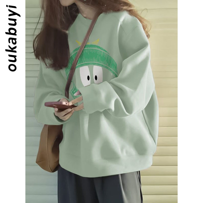 OUKABUYI100%不起球淺綠多巴胺秋季衛衣女美式寬鬆圓領小個子上衣