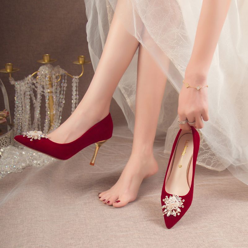 主婚纱婚鞋新娘鞋红色高跟鞋不累脚少女水钻单鞋新娘结婚两穿婚纱
