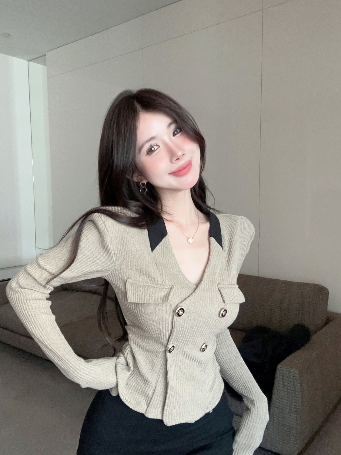 韓系復古短款百搭修身雙排扣開衫v領女生2023秋季長袖打底上衣T恤