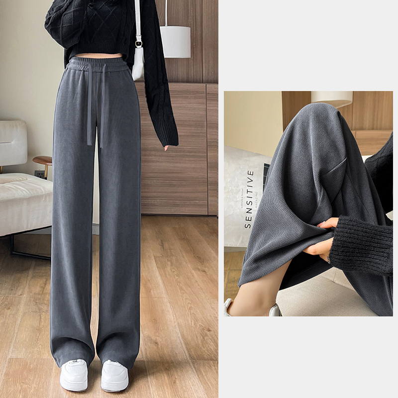 Wide-leg pants for women 2023 new autumn and winter casual soft and waxy lazy style straight pants high-waisted slimming knitted glutinous rice pants