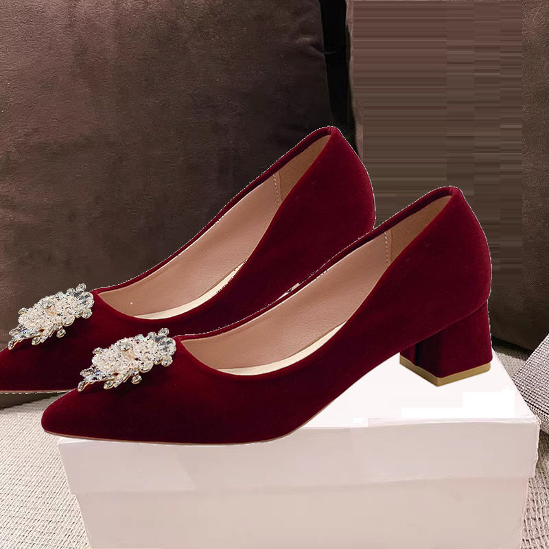 婚鞋新娘鞋2023新款红色高跟鞋秀孕妇不累脚礼服水钻亮片水晶鞋