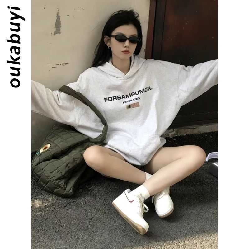 OUKABUYI100%純棉字母圖案印花連帽女學院風寬鬆長袖oversize上衣