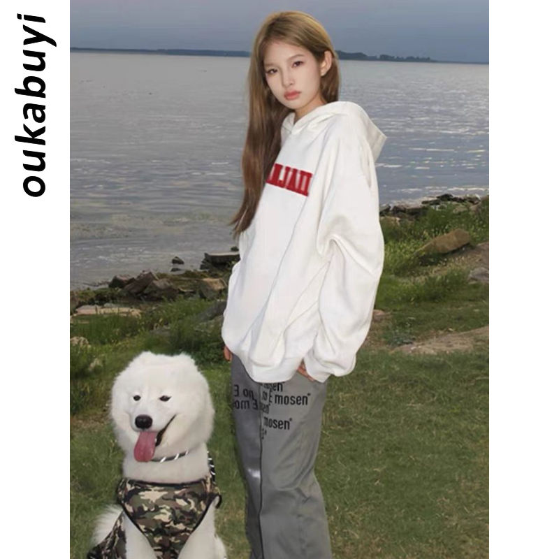 OUKABUYI100%純棉紅色字母印花連帽女學院風寬鬆長袖oversize上衣