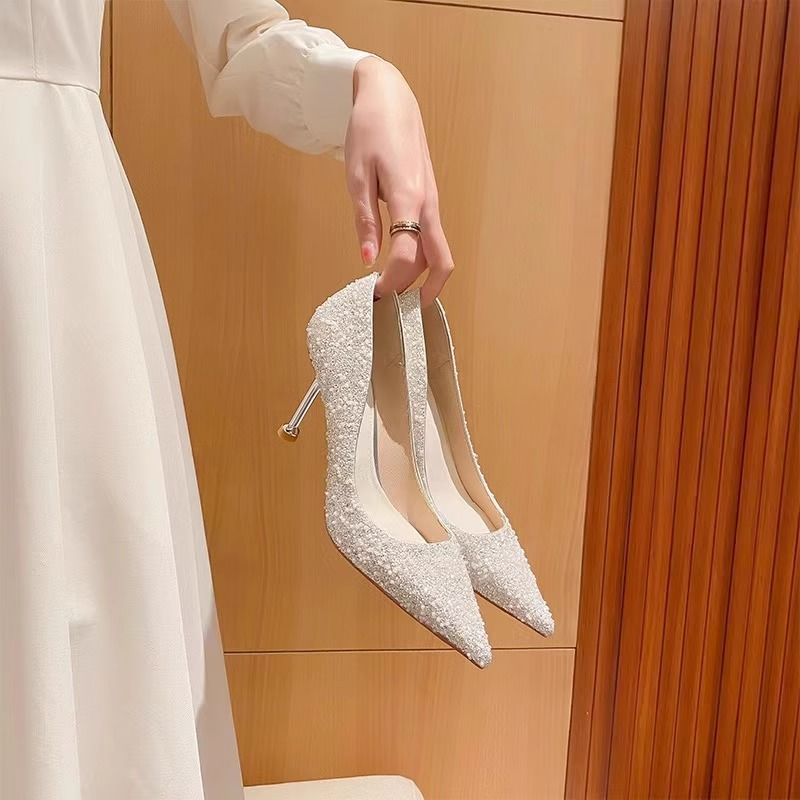 简约婚鞋女婚纱新娘鞋2023年新款气质高跟鞋女细跟伴娘鞋日常可穿