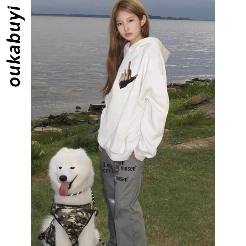 OUKABUYI100%純棉手勢圖案印花秋季連帽女學院風寬鬆oversize衛衣