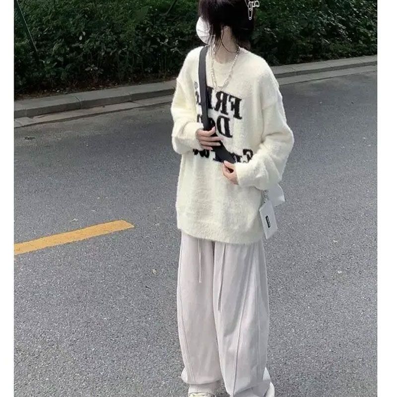 國潮牌美式字母印花毛衣女春秋款高街情侶針織衫寬鬆套頭上衣ins