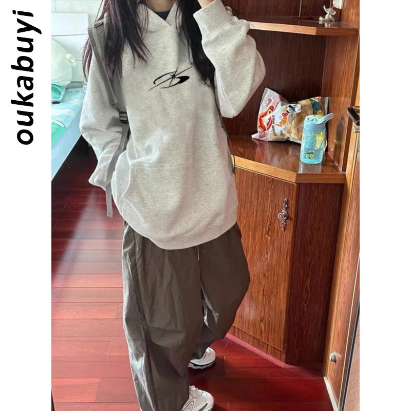 OUKABUYI100%純棉秋冬季新款個性連帽女學院風寬鬆oversize衛衣