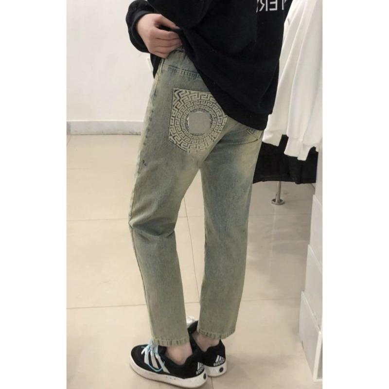 Fashionable printed Vassar face jeans for men and women, large size, loose, slimming, semi-elastic waist, casual straight pants