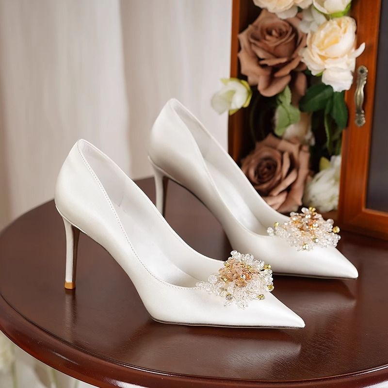 法式婚鞋新娘鞋2023年新款白色婚纱鞋秀禾婚纱两穿不累脚高跟鞋女