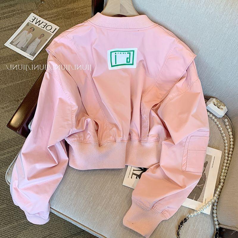 Niche design pink baseball uniform jacket for women spring and autumn Korean style temperament age-reducing loose casual jacket top