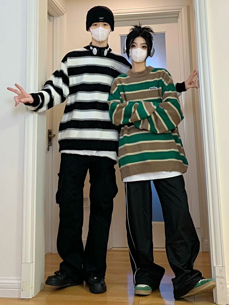 ins美式復古條紋撞色馬海毛針織衫男 秋季寬鬆軟糯情侶裝毛衣外套
