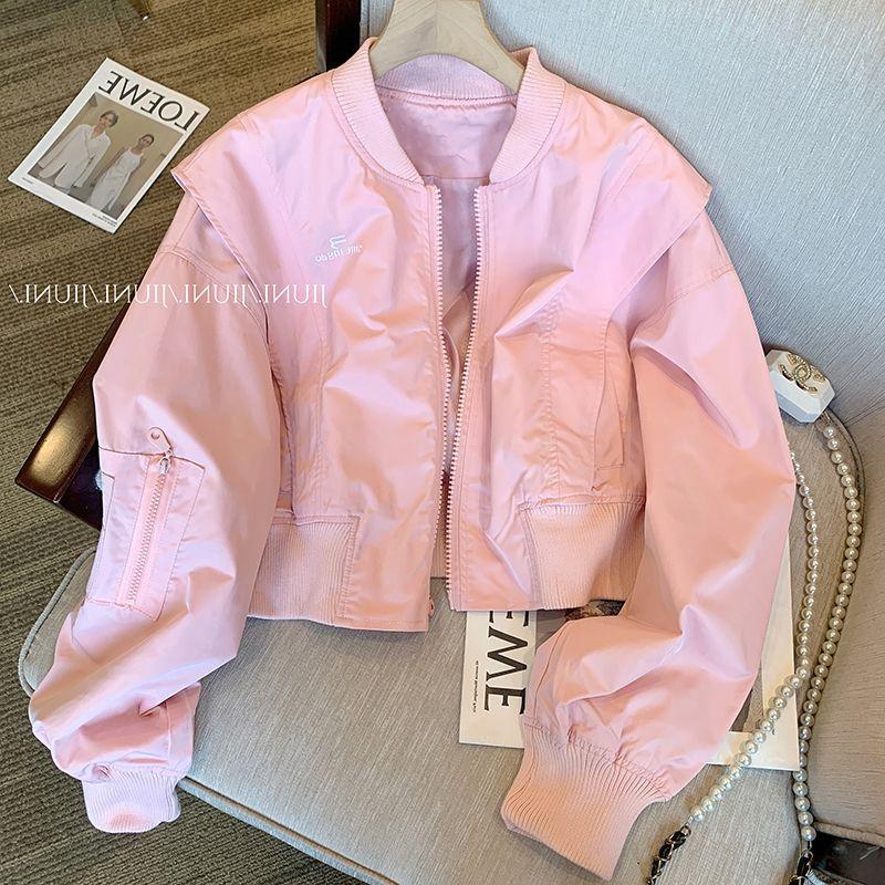 Niche design pink baseball uniform jacket for women spring and autumn Korean style temperament age-reducing loose casual jacket top