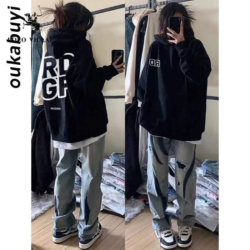 OUKABUYI100%純棉連帽衛衣女秋冬街頭簡約字母高街風個性上衣潮