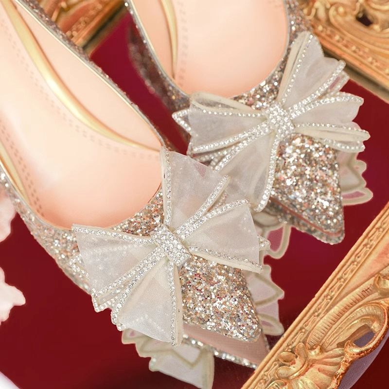 设计高级感主婚纱婚鞋夏季女新款新娘鞋水晶婚礼高跟鞋金色亮片鞋