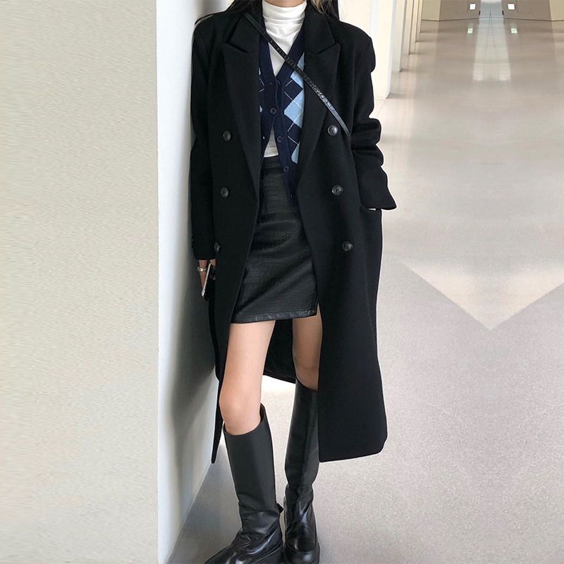黑色呢子大衣女中長款2023秋冬季新款韓版加厚過膝赫本風毛呢外套