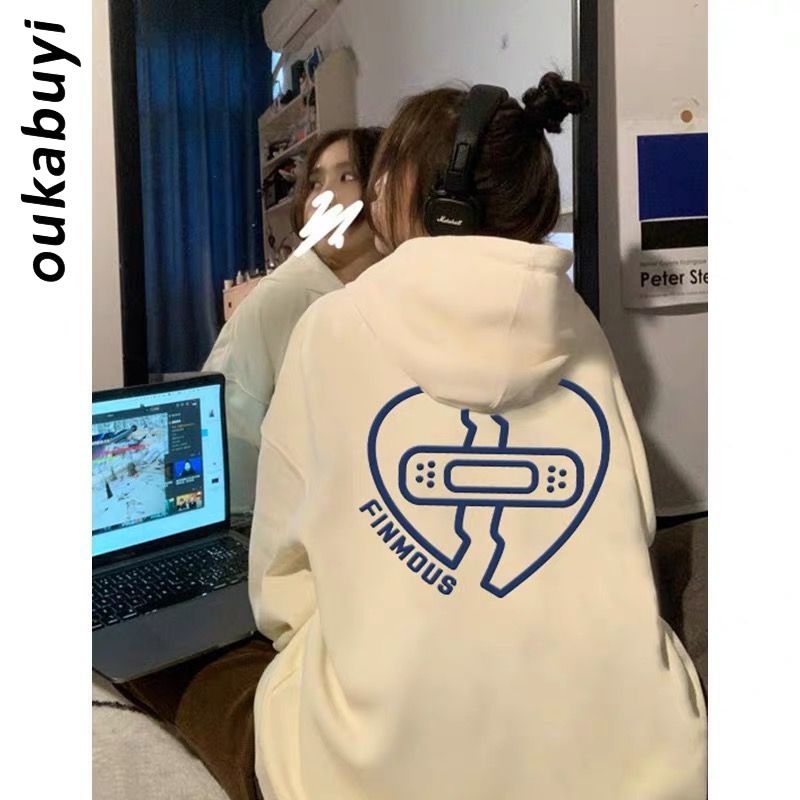 OUKABUYI100%純棉愛心字母印花連帽女學院風寬鬆長袖oversize上衣