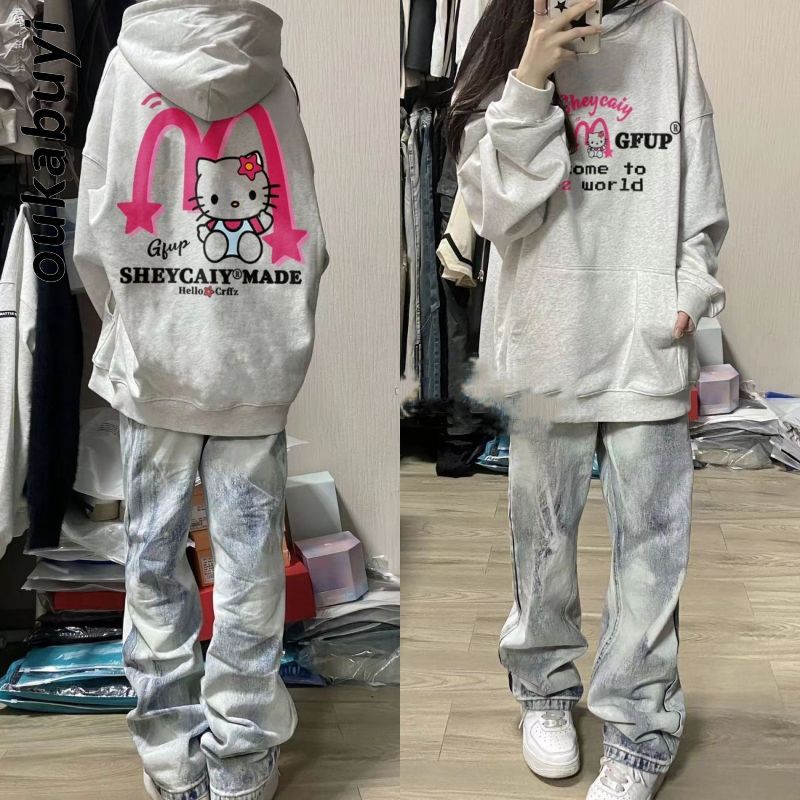 OUKABUYI100%純棉連帽衛衣女秋冬卡通kitty貓多巴胺寬鬆上衣潮